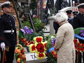 Linda Duncan (Member of Parliament) lays a wreath at the Edmonton Firefighters Memorial Society's Remembrance Service in Edmonton on Sunday September 11, 2016. The annual memorial is held to recognize all Edmonton firefighters who made the ultimate sacrifice by giving their lives in the line of duty.