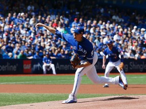 Blue Jay starting pitcher Aaron Sanchez pitches in the 1st inning as the Toronto Blue Jays lose to the Boston Red Sox at the Rogers Centre in Toronto, Ont. on Sunday September 11, 2016. (Stan Behal/Toronto Sun/Postmedia Network)