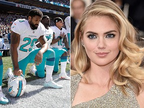 From left, Miami Dolphins' Jelani Jenkins, Arian Foster, Michael Thomas, and Kenny Stills, kneel during the singing of the national anthem before an NFL football game against the Seattle Seahawks, Sunday, Sept. 11, 2016, in Seattle. Supermodel Kate Upton, right, has condemned the four players actions, writing on Instagram that it’s “a disgrace to those people who have served and currently serve our country.” (AP and Getty File Photos)
