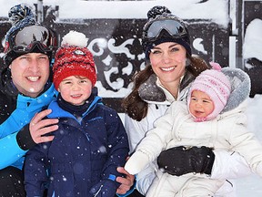 Catherine, Duchess of Cambridge and Prince William, Duke of Cambridge, with their children, Princess Charlotte and Prince George, enjoy a short private skiing break on March 3, 2016 in the French Alps, France. The couple will travel to Canada on Sept 24 and bring their childrem. (John Stillwell - WPA Pool/Getty Images)