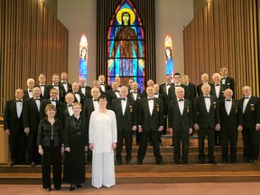 The Schneider Male Chorus, along with Artistic Director Nancy Kidd and accompanists Barbara Kellerman and Lori Danylchuk, will be performing a variety of musical pieces at the Kingsbridge Centre concert. (Schneider Male Chorus photo)