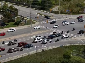 Motorcycles are seen in traffic in Mississauga on Sept. 4, 2016. (YouTube)