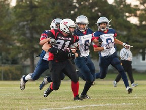 Vermilion Marauders' Brayden Chillibeck runs the ball towards the Bonneville Voyageurs' end zone, during their first home game of the Wheatland Football League on Friday, Sept. 2 , in Vermilion, Alta. Taylor Hermiston/Vermilion Standard/Postmedia Network.