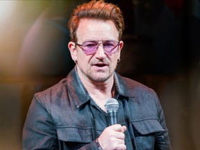 U2 band member Bono attends 'Eclipsed' To Launch A Dedications Series In Honor Of Abducted Chibok Girls Of Northern Nigeria at Golden Theatre on April 30, 2016 in New York City. (Photo by Mark Sagliocco/Getty Images)