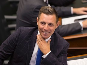 Ontario Provincial Conservative Leader Patrick Brown, speaks with members of his party before the Lieutenant Governor of Ontario's Speech from the Throne, opening the second session of the 41st Parliament of Ontario, in Toronto on Monday Sept. 12, 2016. (THE CANADIAN PRESS/Peter Power)
