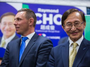 Ontario PC Leader Patrick Brown (left) joins Scarborough-Rouge River byelection winner Raymond Cho at his campaign headquarters in Toront September 1, 2016. (Ernest Doroszuk/Toronto Sun)