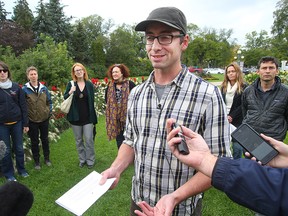 Neil Bailey, spokesman for Cosmetic Pesticide Ban Manitoba, speaks with the media outside the Manitoba Legislative Building in Winnipeg, Man. Monday September 12, 2016. The CPBM is asking the provincial government to maintain its ban on cosmetic pesticides.