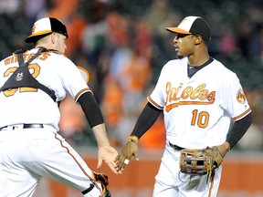 Adam Jones (right) of the Baltimore Orioles celebrates with Matt Wieters after a victory over the Washington Nationals August 23, 2016 in Baltimore. (Greg Fiume/Getty Images)