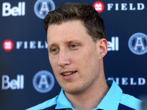 Quarterback Drew Willy meets with media for the first time yesterday after being acquired by the Argonauts on Sunday. (Jack Boland/Toronto Sun)
