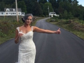 Angelique Arsenault stuck out her thumb and hitchhiked to her wedding venue in nearby Milford on Saturday. (Video screengrab: boston.cbslocal.com