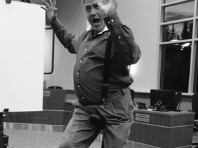 Brazeau County Reeve Bart Guyon rides a unicycle at the end of the AGM held September 7 at the County Administration Building.