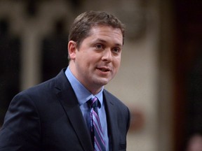 Conservative MP Andrew Scheer asks a question during Question Period in the House of Commons in Ottawa, Monday, April 11, 2016. Scheer is giving up his post as Opposition House leader as he moves closer to joining his party's leadership race.THE CANADIAN PRESS/Adrian Wyld