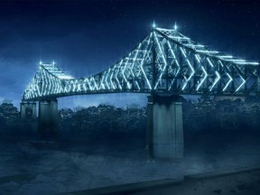 An artist's rendition shows Montreal's Jacques Cartier bridge that will be fitted with 2,800 lights that will change colour according to the season to celebrate the city's 375th anniversary next year. THE CANADIAN PRESS/HO