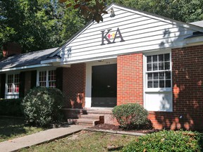 The Kappa Alpha house on fraternity row on the campus of the University of Richmond in Richmond, Va., is quiet Tuesday, Sept. 13, 2016. The fraternity at the school has been suspended over an email containing "grossly offensive language." (AP Photo/Steve Helber)