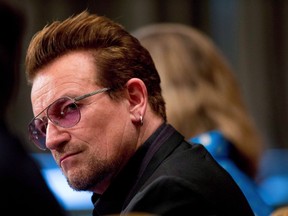 Irish rock star and activist Bono appears on Capitol Hill in Washington, Tuesday, April 12, 2016, before the Senate State, Foreign Operations, and Related Programs subcommittee hearing on the causes and consequences of violent extremists, and the role of foreign assistance. THE CANADIAN PRESS/AP/Andrew Harnik
