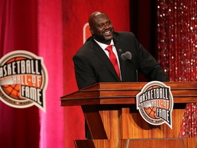 Shaquille O'Neal reacts during the 2016 Basketball Hall of Fame Enshrinement Ceremony at Symphony Hall on September 9, 2016 in Springfield, Massachusetts. (Photo by Jim Rogash/Getty Images)