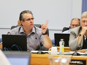 Timmins Coun. Rick Dubeau waves his finger at Mayor Steve Black during an angry debate Monday night in which the councillor claimed members of city administration deliberately misled council members about the construction work being done on the Highway 101 Connecting Link project.