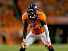 Inside linebacker Brandon Marshall #54 of the Denver Broncos looks on in the first half against the Carolina Panthers at Sports Authority Field at Mile High on September 8, 2016 in Denver, Colorado. (Photo by Justin Edmonds/Getty Images)