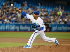 Blue Jays starter Marcus Stroman delivers to the plate during MLB action against the Rays at the Rogers Centre in Toronto on Tuesday, Sept. 13, 2016. (Stan Behal/Toronto Sun/Postmedia Network)