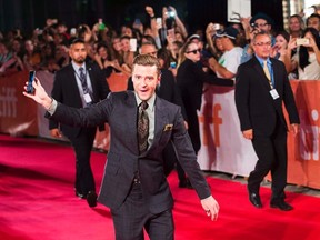 Actor and singer Justin Timberlake arrives on the red carpet for the premiere of "Justin Timberlake and The Tennessee Kids" during the 2016 Toronto International Film Festival in Toronto Tuesday, Sept. 13, 2016. (Nathan Denette/The Canadian Press via AP)