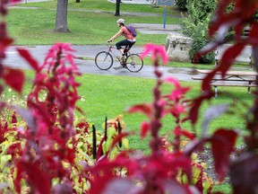 A cyclist passes the Bell Park flower bed in Sudbury, Ont. on Tuesday September 13, 2016. Environment Canada is predicting a warmer than normal autumn.Gino Donato/Sudbury Star/Postmedia Network