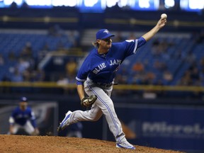 Pitcher Matt Dermody of the Toronto Blue Jays makes his major-league debut during the eighth inning of a game against the Tampa Bay Rays on Sept. 3, 2016 at Tropicana Field in St. Petersburg, Fla. (BRIAN BLANCO/Getty Images)