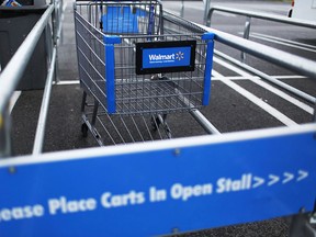 A Walmart cart is seen in a parking lot in this Aug. 18, 2015 file photo. (Joe Raedle/Getty Images)
