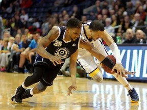 London Lightning's Ryan Anderson loses possession of the ball under the fast hands of Shane Gibson of the Halifax Hurricanes during the first half of their playoff game at Budweiser Gardens in London, Ont. on Wednesday June 8, 2016. (MIKE HENSEN, The London Free Press)