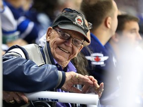 Len (Kroppy) Kropioski, a fixture on the scoreboard during O Canada at Winnipeg Jets games, relaxes during NHL action against the Calgary Flames last October. Kroppy died on Tuesday. (Kevin King/Winnipeg Sun file photo)
