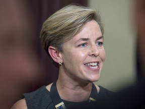 Leadership candidate Kelli Leitch, MP for the riding of Simcoe-Grey, talks with reporters at the national Conservative summer caucus retreat in Halifax on Wednesday, Sept. 14, 2016. (THE CANADIAN PRESS/Andrew Vaughan)