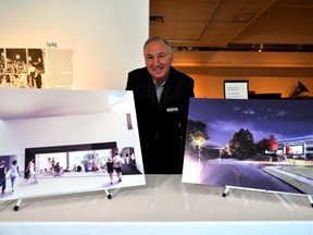 Brian Meehan, executive director of Museum London, stands behind artist renderings of the Centre at the Forks, a new capital project the museum announced September 14, 2016. CHRIS MONTANINI\LONDONER\POSTMEDIA NETWORK