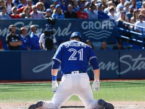 Blue Jays batter Michael Saunders couldn't connect today as he struck swinging in the bottom of the 8th inning against the Rays in Toronto on Wednesday, Sept. 14, 2016. (Stan Behal/Toronto Sun)