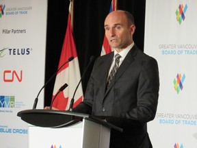 Federal Minister for Families, Children and Social Development Jean-Yves Duclos speaks to the Greater Vancouver Board of Trade on Wednesday. 
Eric MacKenzie, 24 hours