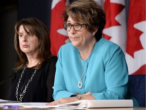 Deputy Minister of Public Works and Government Services Marie Lemay (right) and and associate assistant deputy minister Rosanna Di Paola speak to reporters during a technical briefing on the Phoenix pay system on Thursday, Aug. 11, 2016 in Ottawa. JUSTIN TANG / THE CANADIAN PRESS