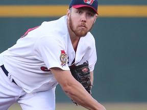 Winnipeg Goldeyes starting pitcher Edwin Carl keeps his eye on the ball as he tossesagainst the Wichita Wingnuts during game 1 of the American Association baseball championship in Winnipeg, Man. Wednesday September 14, 2016.