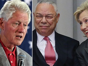 Former U.S. President Bill Clinton, left, and former secretaries of state Colin Powell, centre, and Hillary Clinton are pictured in these file photos. (Getty Images)
