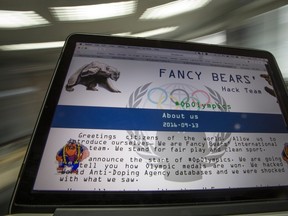 A screenshot of the Fancy Bears website fancybear.net seen on a computes screen in Moscow, Russia, Wednesday, Sept. 14, 2016. Confidential medical data of gold medal-winning gymnast Simone Biles, seven-time Grand Slam champion Venus Williams and other female U.S. Olympians was hacked from a World Anti-Doping Agency database and posted online Tuesday Sept 13, 2016. WADA said the hackers were a "Russian cyber espionage group" called Fancy Bears. (AP Photo/Alexander Zemlianichenko)