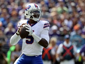 Buffalo Bills' Tyrod Taylor looks for a receiver in a game against the Baltimore Ravens on Sept. 11, 2016. (Rob Carr/Getty Images)