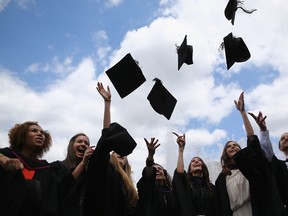 Students throw their caps in the air ahead of their graduation ceremony at the Royal Festival Hall on July 15, 2014 in London, England. (Photo by Dan Kitwood/Getty Images)
