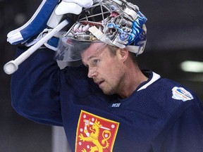 Finland goaltender Pekka Rinne of the Nashville Predators looks on during practice in Toronto Wednesday, September 14, 2016. (THE CANADIAN PRESS/Chris Young)