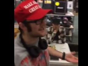 A student is accosted for wearing a 'Make America Great Again' hat at Mount Royal University,