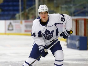 Forward Mitch Marner comes up the ice during a stickhandling drill at the Toronto Maple Leafs Development Camp at the Gale Centre in Niagara Falls on July 5, 2016. (Jack Boland/Toronto Sun/Postmedia Network)