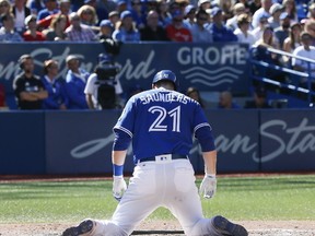 Blue Jays hitter Michael Saunders couldn't connect as he struck swinging in the bottom of the 8th in the Jays 8-1 loss to the Tampa Bay Rays on September 14, 2016. (Stan Behal/Toronto Sun/Postmedia Network)