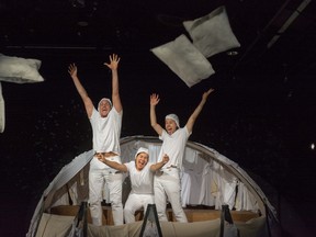 From left, Kristopher Bowman, Krista Colosimo and Philip Nozuka star in Das Ding (The Thing) at the Thousand Islands Playhouse. (Stephen Wild photo)