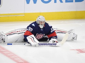 U.S. goalie Jonathan Quick stretches before a World Cup of Hockey exhibition game against Finland in Washington on Tuesday, Sept. 13, 2016. (Nick Wass/AP Photo)