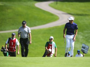 The first round of the Mackenzie Tour's championship featured a premier pairing of Dan McCarthy, left and Brock Mackenzie, right, ranked 1-2 on the tour this year. The championship was held at the Highland Country Club in London, in September 2016. (MIKE HENSEN, The London Free Press File photo)