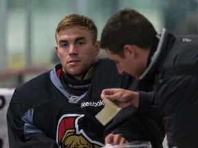 Goaltender Matt O'Connor has some equipment tended to during the 2016-17 Ottawa Senators rookie camp on Sept. 15, 2016. (Errol McGihon/Postmedia)