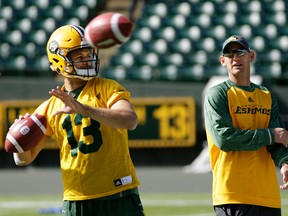 Eskimos head coach Jason maas, right, says the team breaks the season into thirds and is nearing the end of the middle third. (Larry Wong)