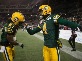 Adarius Bowman and Derel Walker celebrate a touchdown at last year's Grey Cup game.  (Greg Southam)