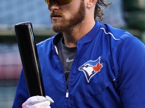 Josh Donaldson of the Toronto Blue Jays takes part in batting practice prior to a game against the Los Angeles Angels of Anaheim at Angel Stadium of Anaheim on Sept. 15, 2016 in Anaheim, Calif. (SEAN M. HAFFEY/Getty Images)